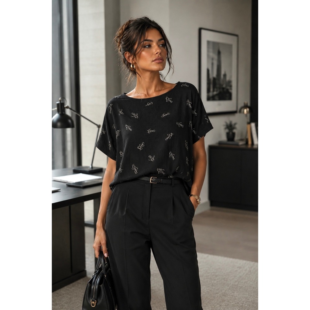 Vtg 80s Dianne B Made in Japan Retro Glasses Print Boxy Top Black M Office Siren - Picture 14 of 14